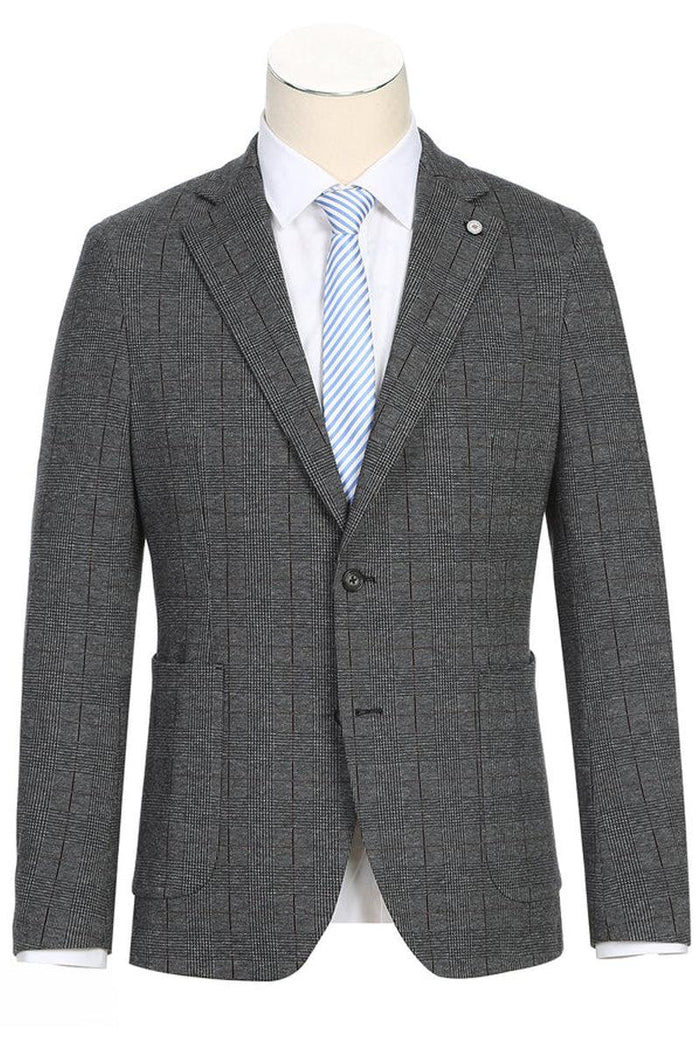Pelago Men's Charcoal Grey Summer Blazer in Windowpane Plaid - Slim Fit, Half Canvas Patch Pocket - USA Men's Outlet