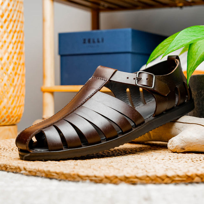 Zelli Pesca Woven Calfskin Fisherman Sandal in Brown