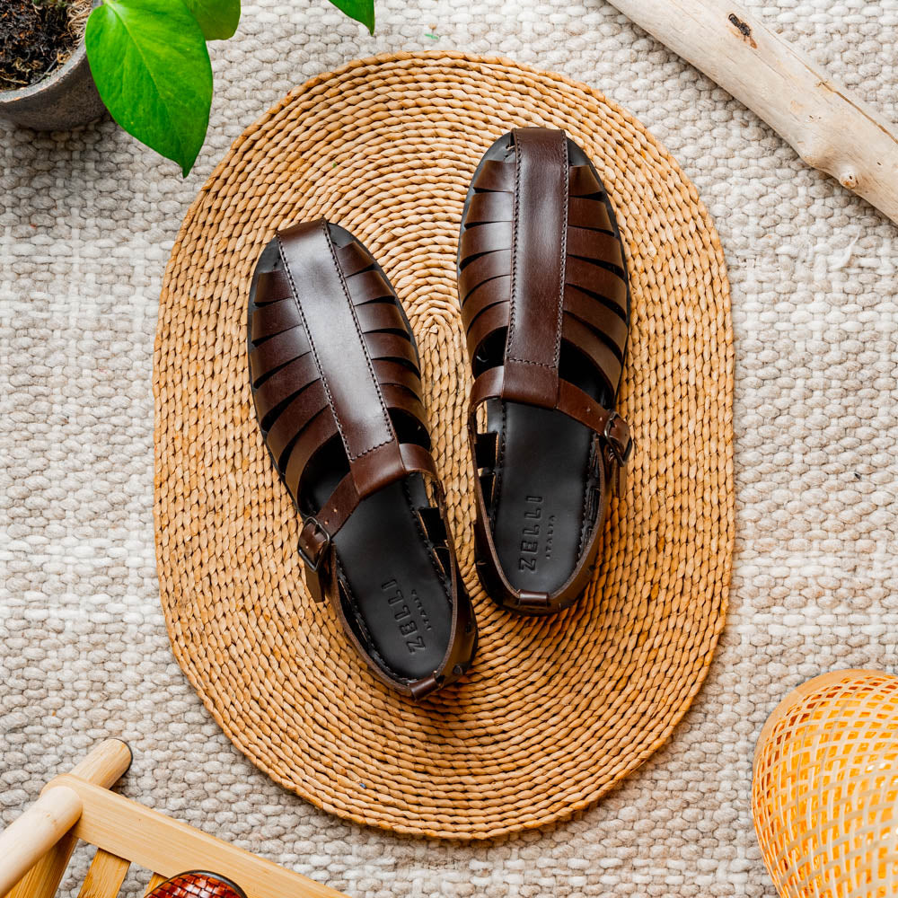 Zelli Pesca Woven Calfskin Fisherman Sandal in Brown
