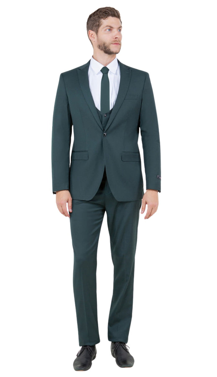 Stretch Fabric 4 Way Slim Fitted Mens Suit in Color Hunter Green Peak Lapel One Button Vested 3 Piece
