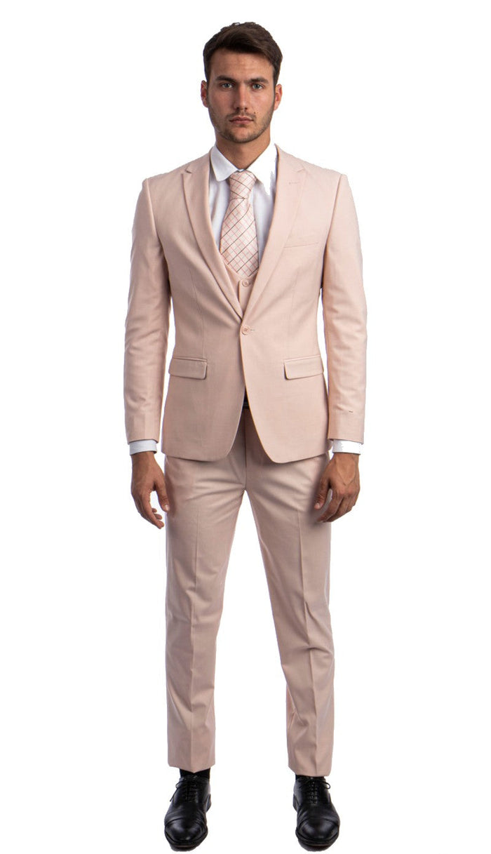 Stretch Fabric 4 Way Slim Fitted Mens Suit in Color Blush Peak Lapel One Button Vested 3 Piece