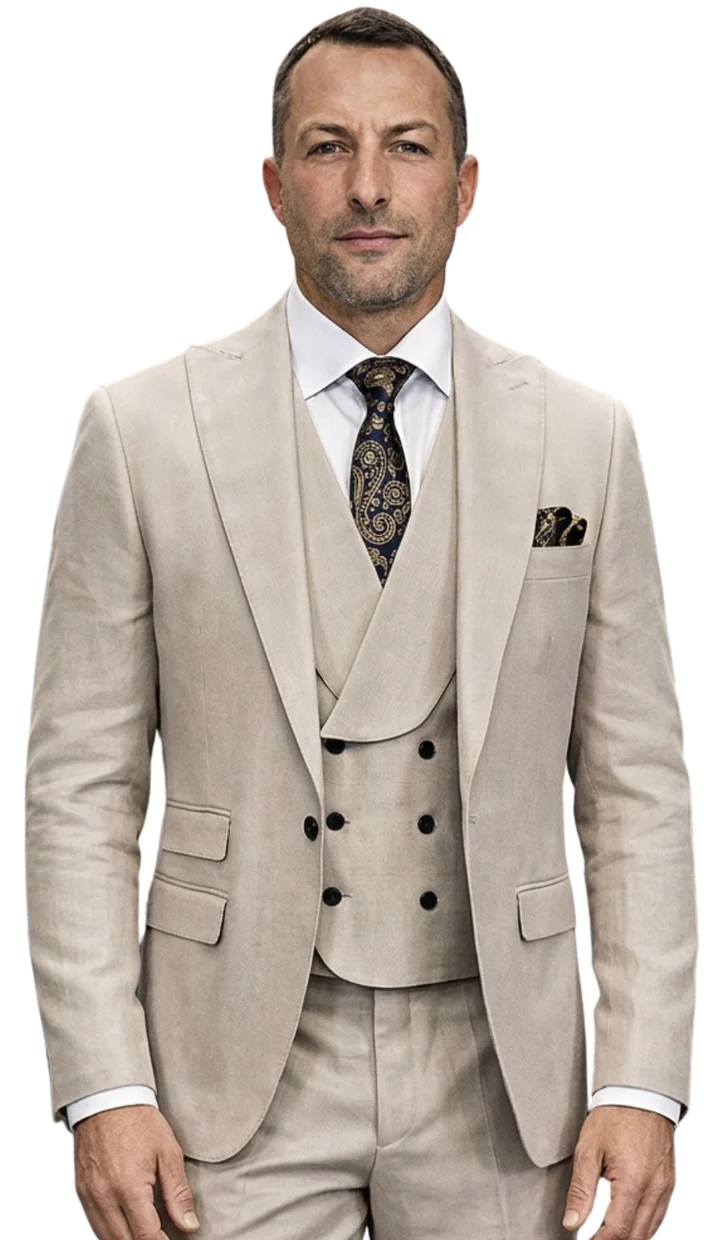 Mens Wool Suit - Ticket Pocket Big Lapel Single button Double breasted Vest By Statement in Color Tan – SuitUSA