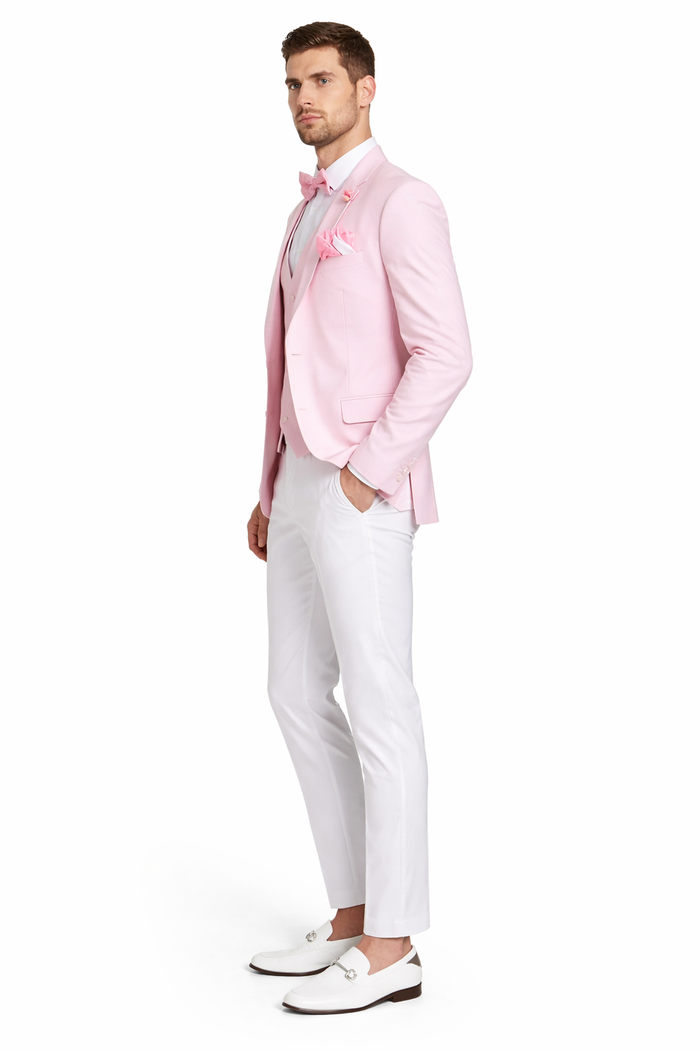 Pink and White Tuxedo Suit With White Pants + White Shirt + Pink Vest and Bowtie