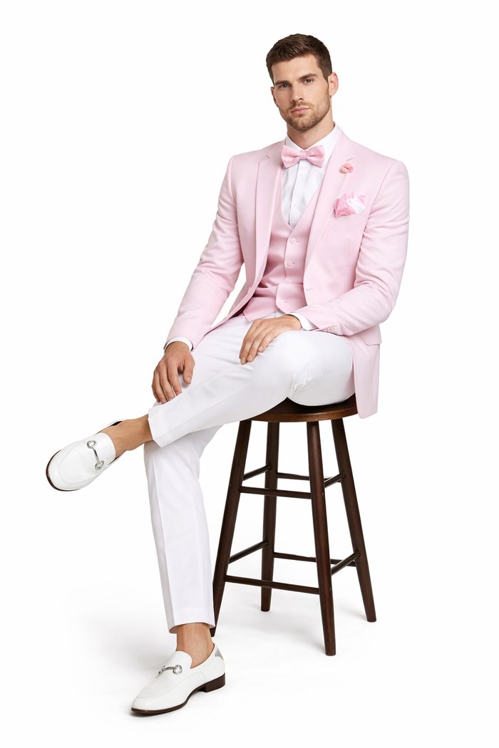 Pink and White Tuxedo Suit With White Pants + White Shirt + Pink Vest and Bowtie
