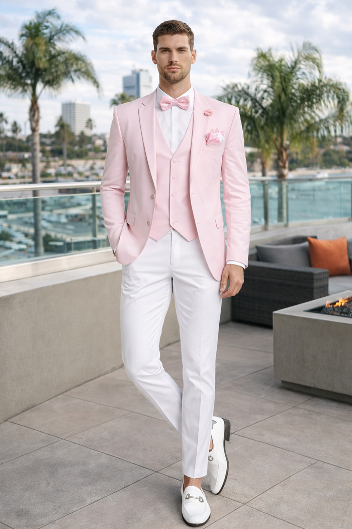 Pink and White Tuxedo Suit With White Pants + White Shirt + Pink Vest and Bowtie