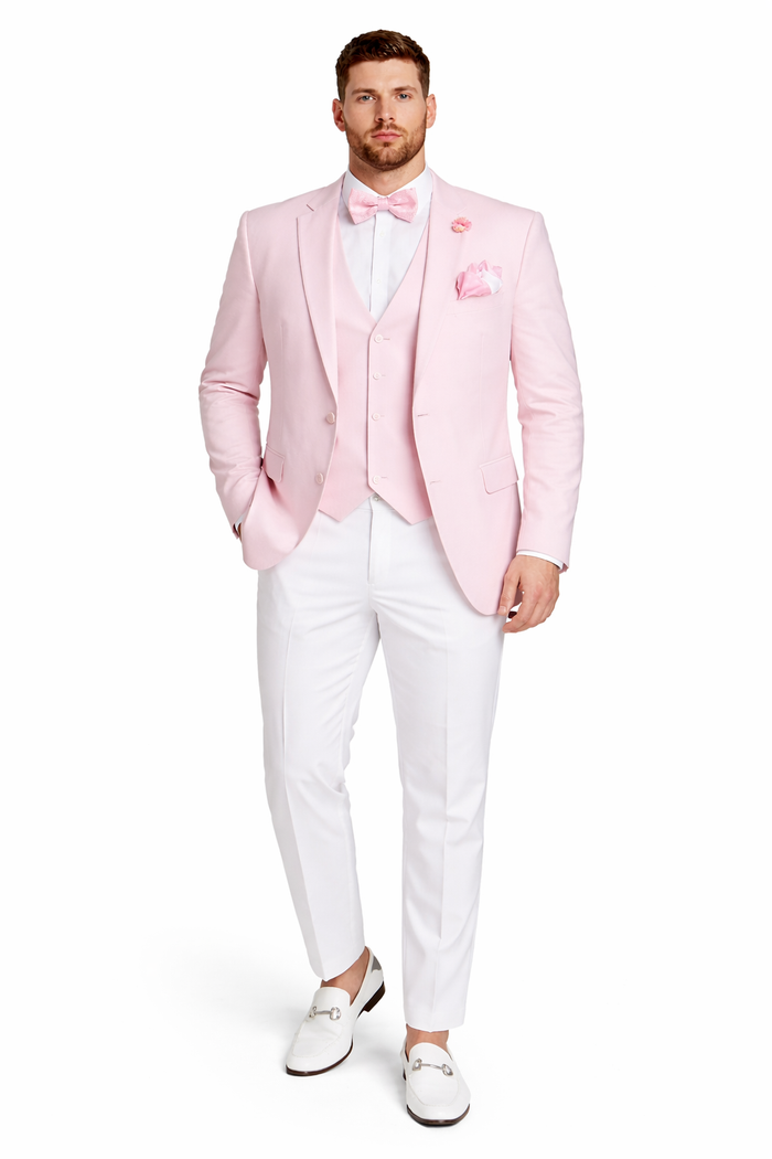 Pink and White Tuxedo Suit With White Pants + White Shirt + Pink Vest and Bowtie