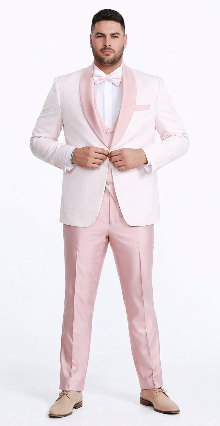 Pink Patterned Tuxedo Set with Shawl Lapel – Wedding & Prom