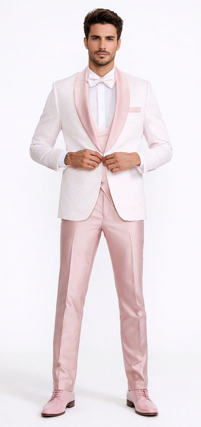 Pink Patterned Tuxedo Set with Shawl Lapel – Wedding & Prom