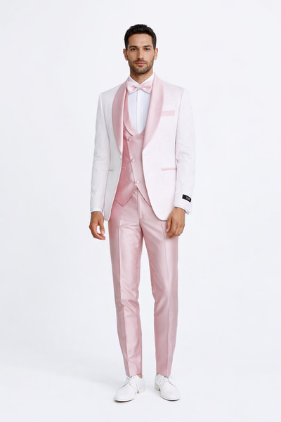Pink  Prom Tuxedo Suit -Pink Wedding Suit - Men's One Button Vested Paisley Prom & Wedding Tuxedo With Satin Vest And Pants