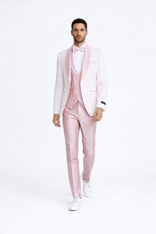 Pink  Prom Tuxedo Suit -Pink Wedding Suit - Men's One Button Vested Paisley Prom & Wedding Tuxedo With Satin Vest And Pants