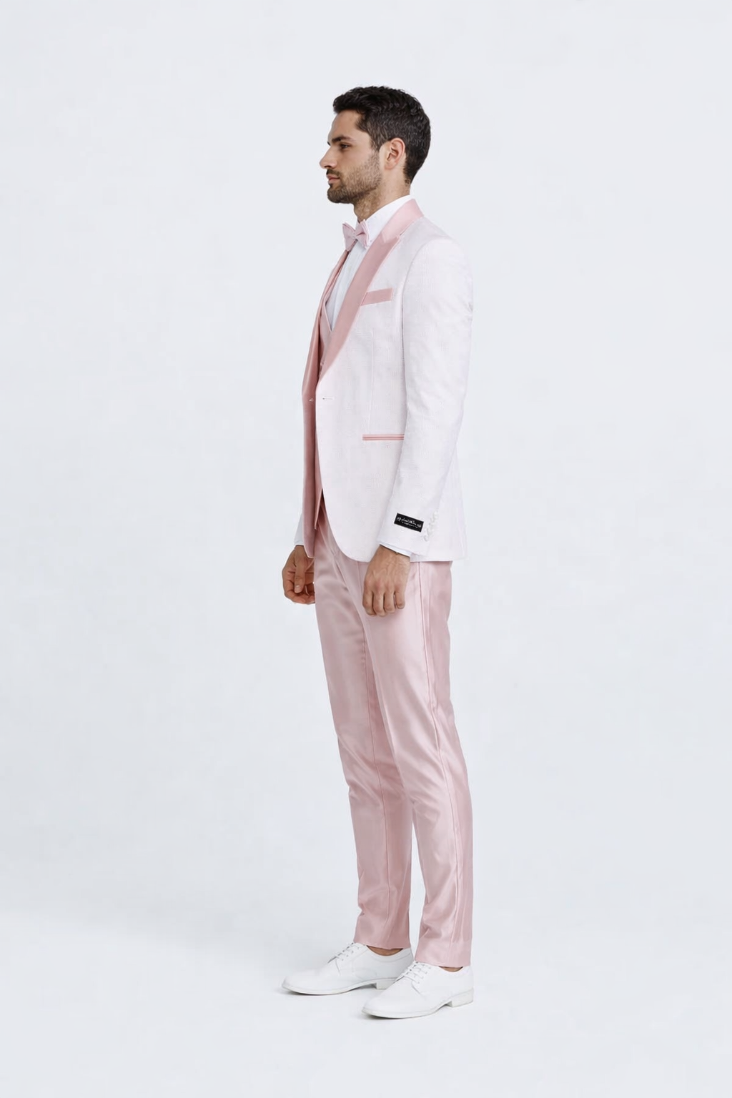 Pink  Prom Tuxedo Suit -Pink Wedding Suit - Men's One Button Vested Paisley Prom & Wedding Tuxedo With Satin Vest And Pants