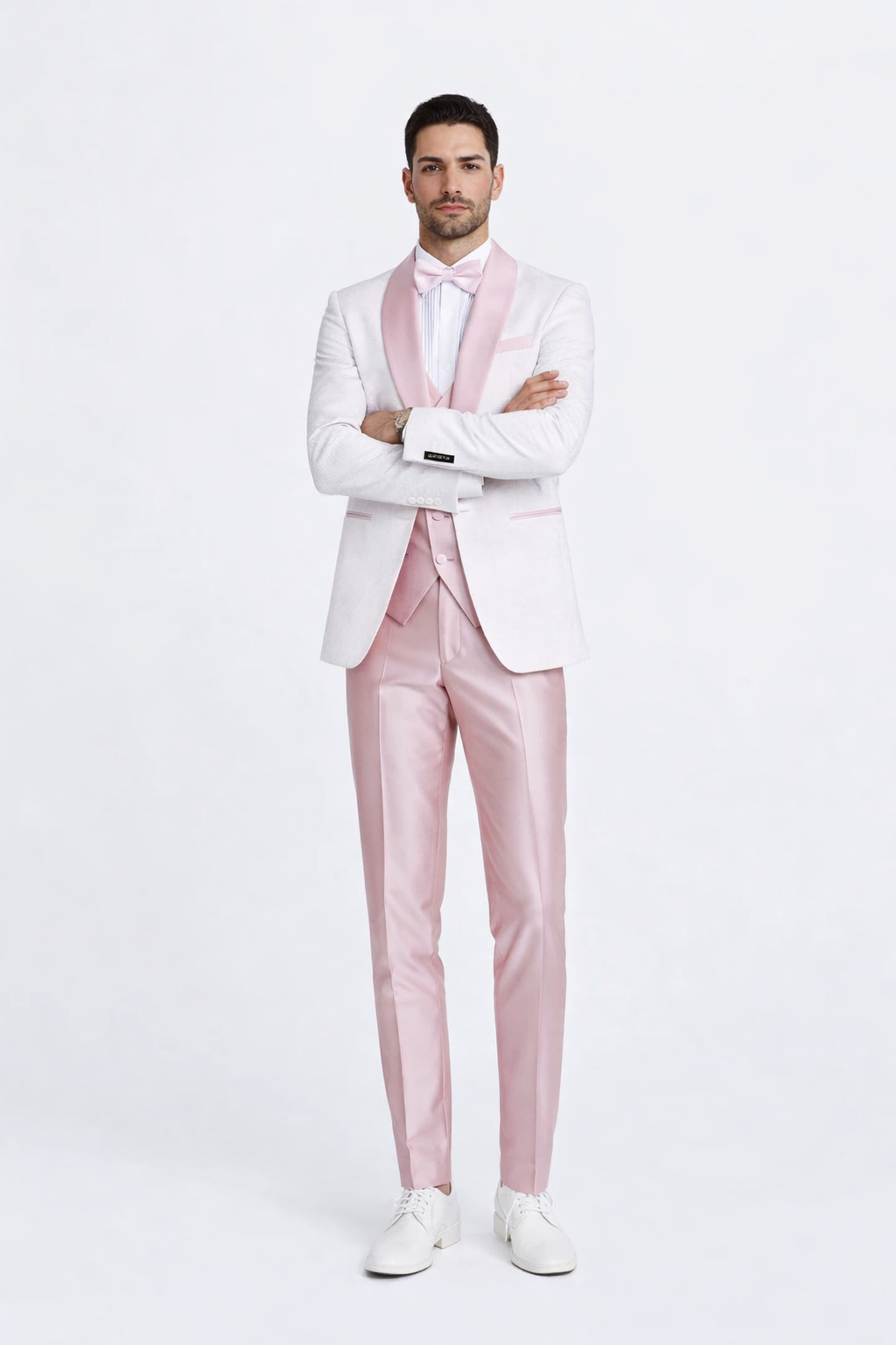 Pink  Prom Tuxedo Suit -Pink Wedding Suit - Men's One Button Vested Paisley Prom & Wedding Tuxedo With Satin Vest And Pants