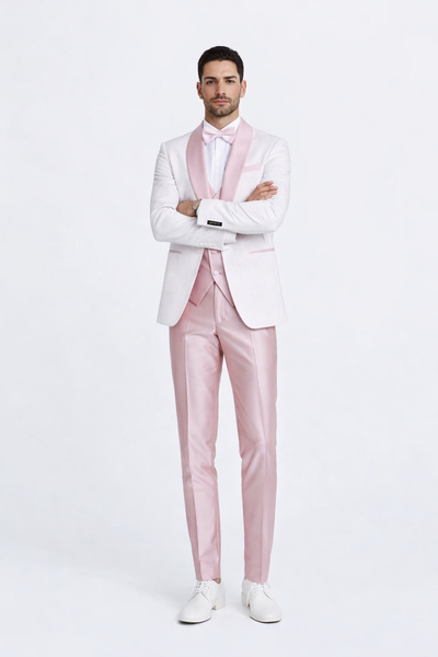 Pink  Prom Tuxedo Suit -Pink Wedding Suit - Men's One Button Vested Paisley Prom & Wedding Tuxedo With Satin Vest And Pants