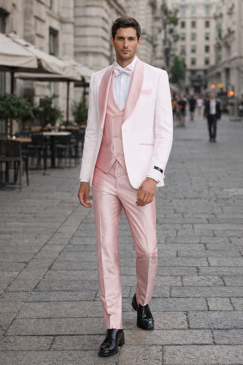 Pink  Prom Tuxedo Suit -Pink Wedding Suit - Men's One Button Vested Paisley Prom & Wedding Tuxedo With Satin Vest And Pants