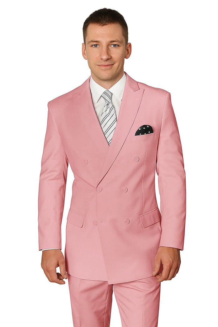 Elegant Men’s Double-Breasted Wool Suit in Soft Blush Pink by USA Men's Outlet