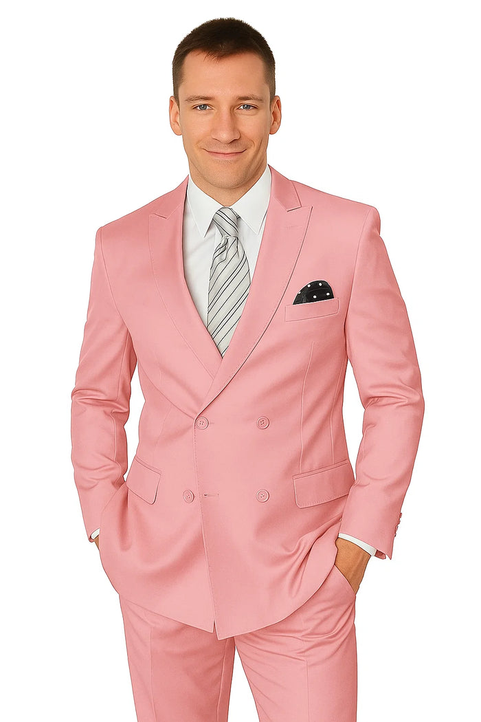 Elegant Men’s Double-Breasted Wool Suit in Soft Blush Pink by USA Men's Outlet