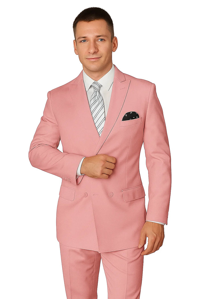 Elegant Men’s Double-Breasted Wool Suit in Soft Blush Pink by USA Men's Outlet