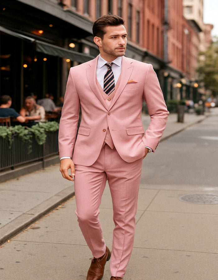 Men’s Pink 3-Piece Slim Fit Suit - Formal Wedding and Prom Outfit with Vest by USA Men's Outlet