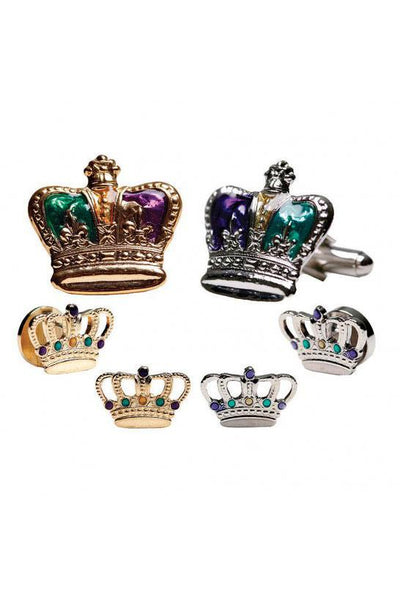 Mardi Gras Epoxy Crown Studs and Cufflinks Set by Pioneerin