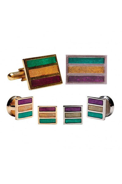 Mardi Gras Epoxy Rectangle Studs and Cufflinks Set by Pioneerin