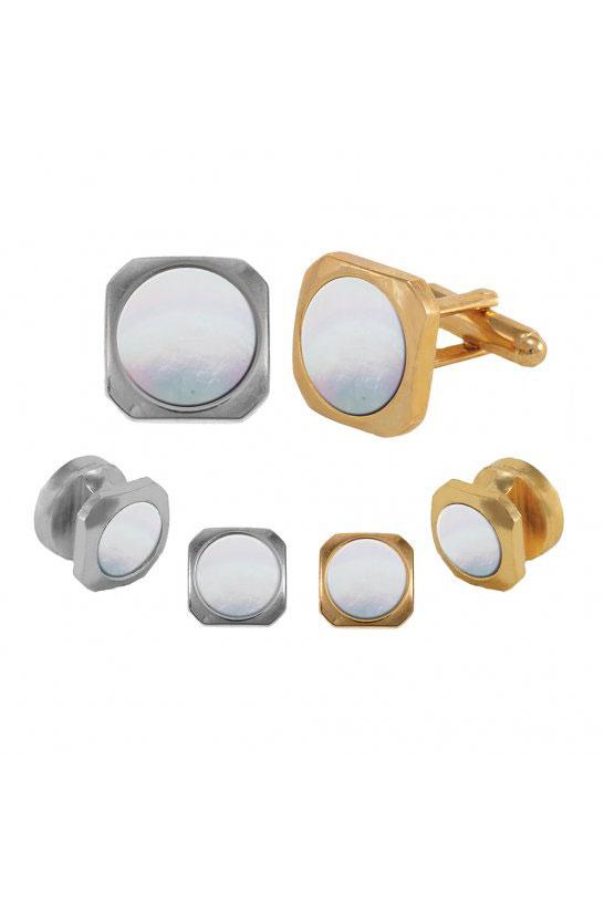 Mother of Pearl Cushion Cut Studs and Cufflinks Set by Pioneerin