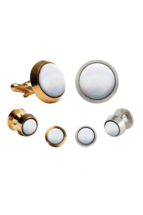 Mother of Pearl Round Beveled Edge Studs and Cufflinks Set