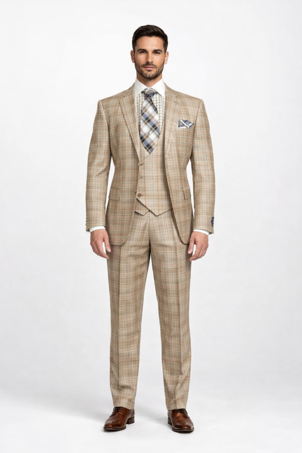 Plaid Suit For Summer - Khaki Color Suit - Camel Suit With Double Breasted Vest in Dark Tan Color – SuitUSA