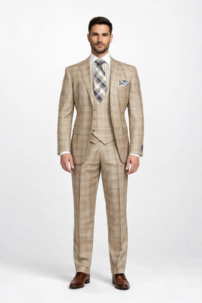 Plaid Suit For Summer - Khaki Color Suit - Camel Suit With Double Breasted Vest in Dark Tan Color
