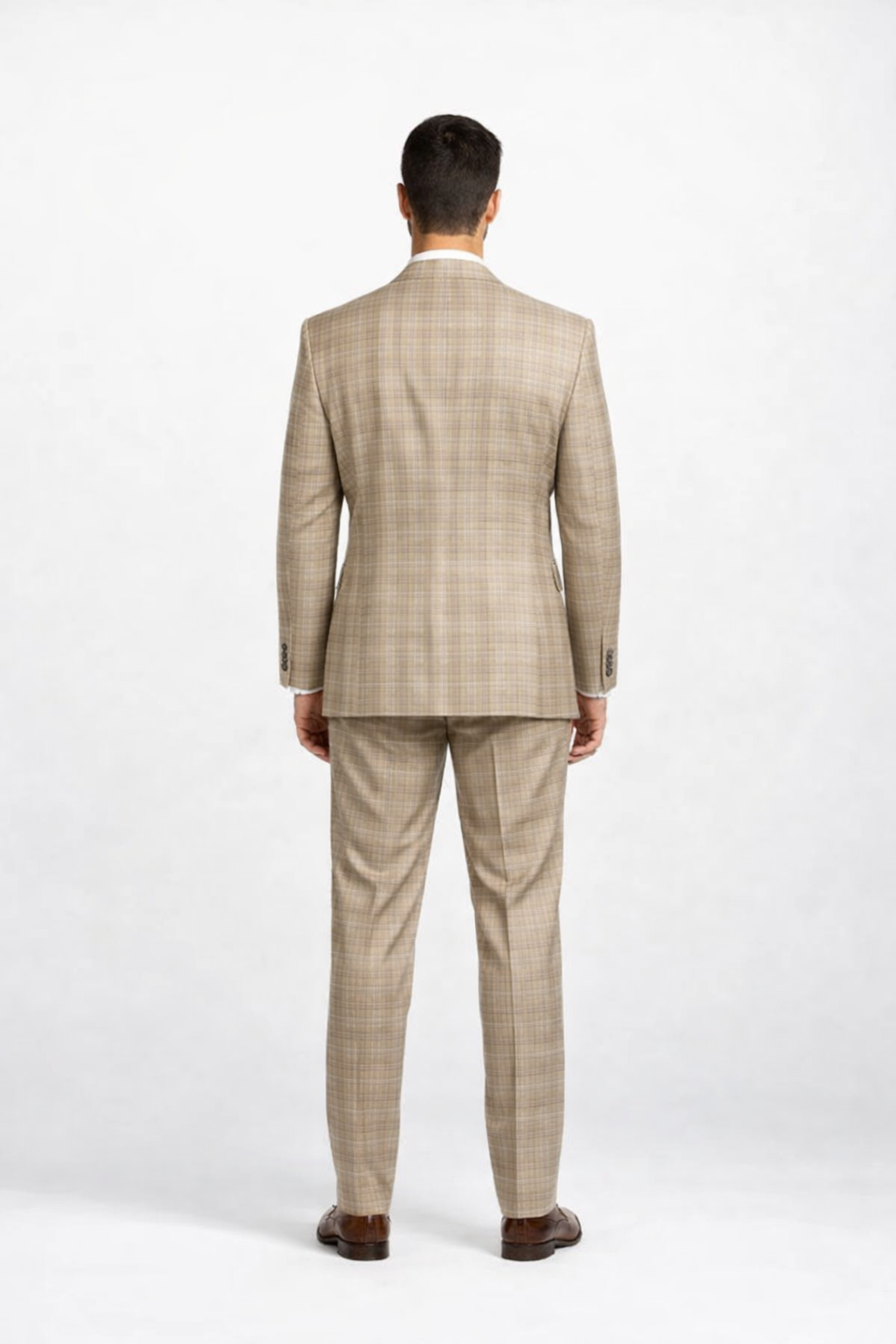 Plaid Suit For Summer - Khaki Color Suit - Camel Suit With Double Breasted Vest in Dark Tan Color