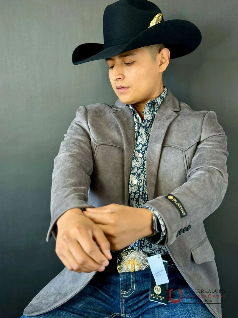 Platini Mens Ash Gray Gamuza Suede Western Rancher Blazer with Pointed Yoke – BLZ9445