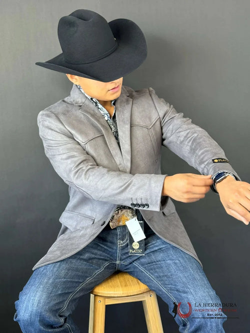 Platini Mens Ash Gray Gamuza Suede Western Rancher Blazer with Pointed Yoke – BLZ9445