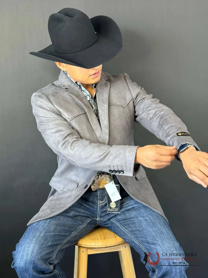 Platini Mens Ash Gray Gamuza Suede Western Rancher Blazer with Pointed Yoke – BLZ9445
