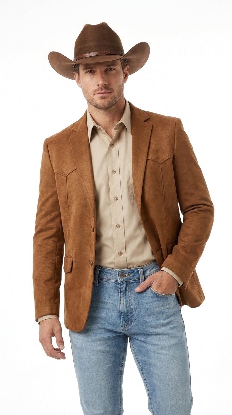 Platini Mens Faux Suede Western Blazer – Brown Cowboy Jacket with Western Detailing Coganc Rust
