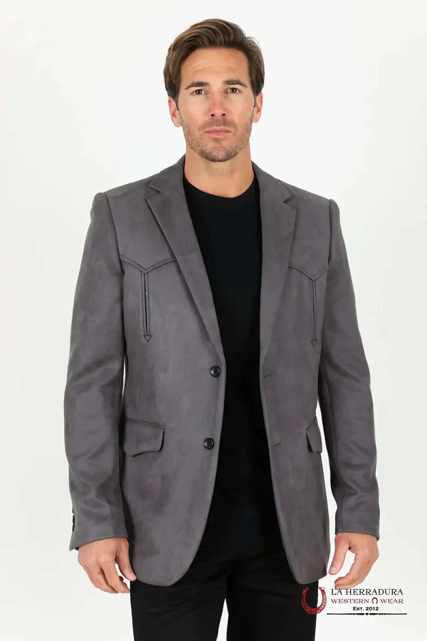 Mens Slate Gray Suede Western Yoke Two-Button Blazer – BLZ9445