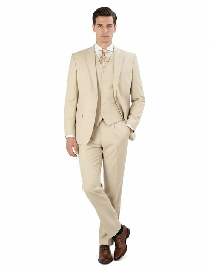 Pleated Suit - Mens Suits With Pleated Pant - Regular Fit Suit - Vested Tan Suit by Men's Tuxedo USA