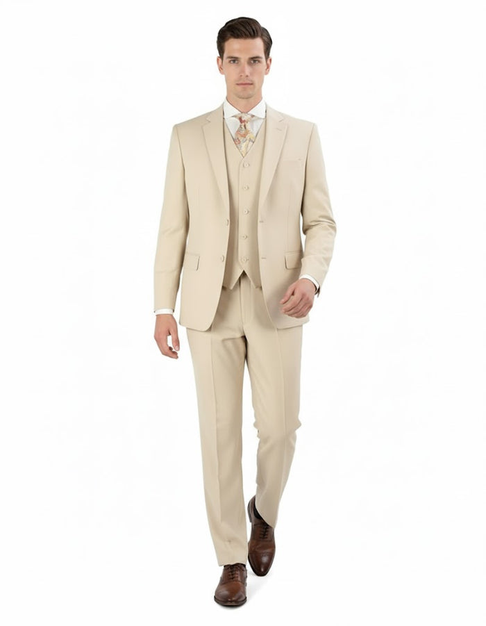 Pleated Suit - Mens Suits With Pleated Pant - Regular Fit Suit - Vested Tan Suit by Men's Tuxedo USA