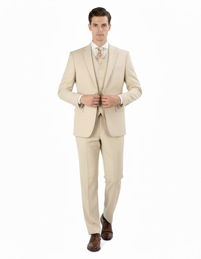 Pleated Suit - Mens Suits With Pleated Pant - Regular Fit Suit - Vested Tan Suit by Men's Tuxedo USA
