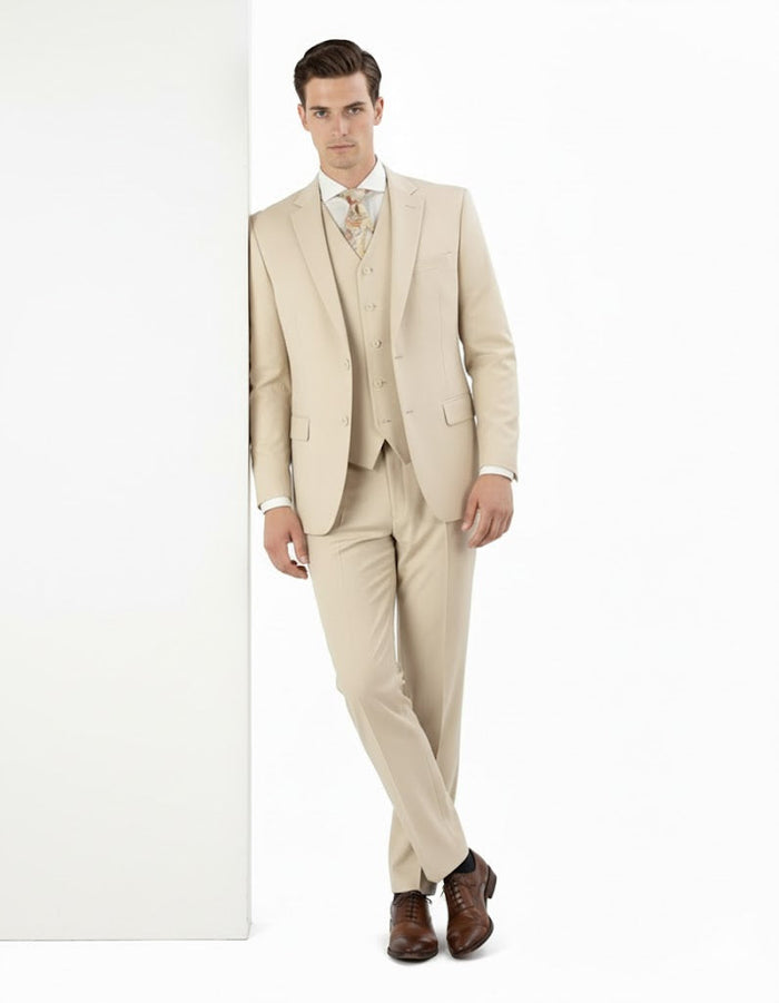 Pleated Suit - Mens Suits With Pleated Pant - Regular Fit Suit - Vested Tan Suit by Men's Tuxedo USA