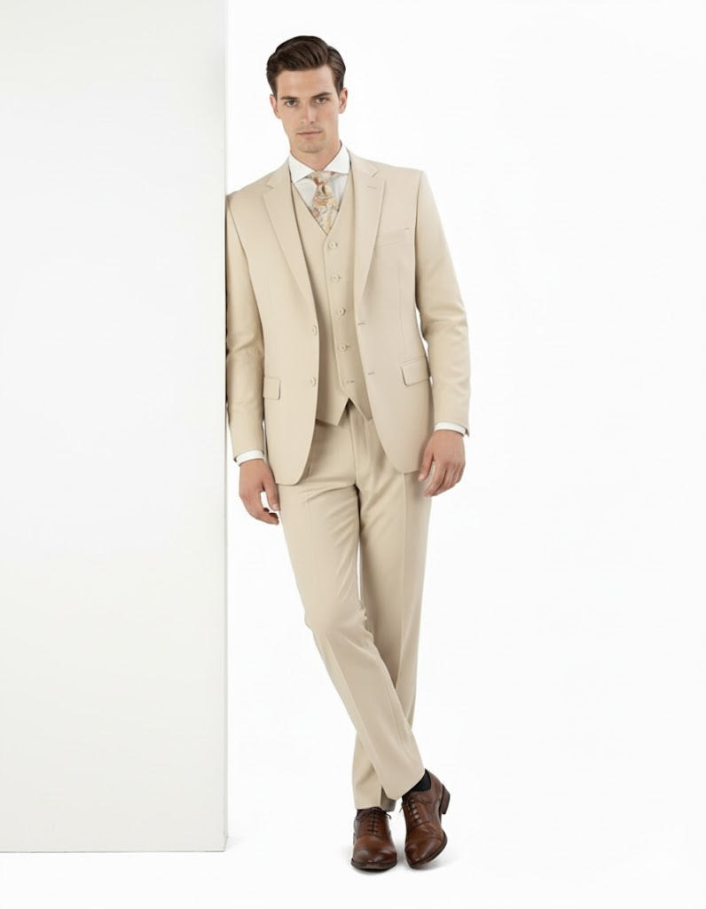 Pleated Suit - Mens Suits With Pleated Pant - Regular Fit Suit - Vested Tan Suit by Men's Tuxedo USA