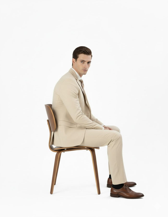 Pleated Suit - Mens Suits With Pleated Pant - Regular Fit Suit - Vested Tan Suit by Men's Tuxedo USA