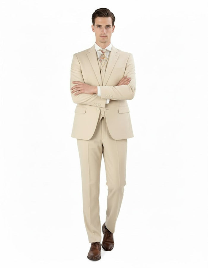 Pleated Suit - Mens Suits With Pleated Pant - Regular Fit Suit - Vested Tan Suit by Men's Tuxedo USA