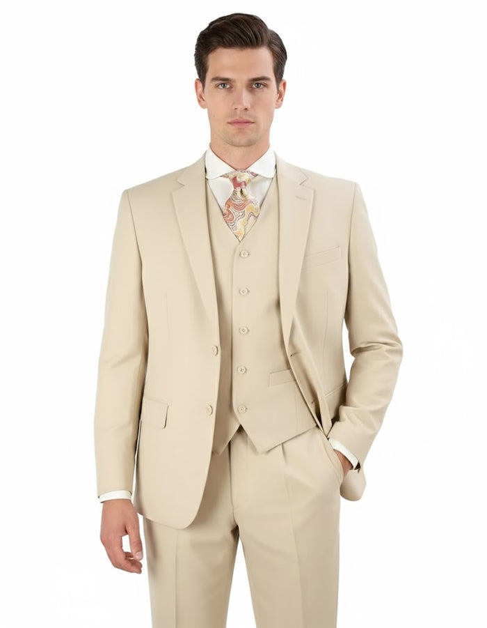 Pleated Suit - Mens Suits With Pleated Pant - Regular Fit Suit - Vested Tan Suit by Men's Tuxedo USA