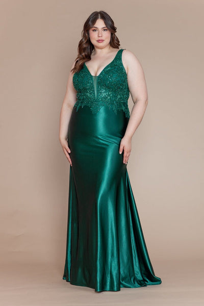 Poly USA W1160 Plus Size Fitted Embroidered V-Neck Gown