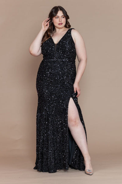 Poly USA W1122 Plus Size Fitted Sleeveless Sequin Slit Gown