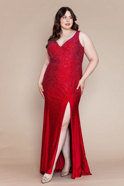 Poly USA W1116 Plus Size Fitted V-Neck Rhinestone Gown