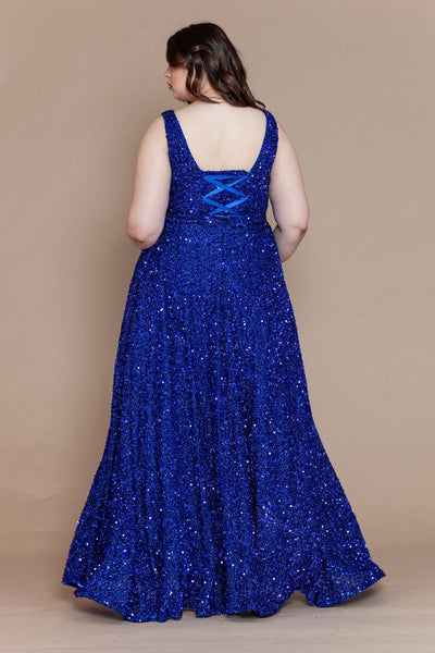 Poly USA W1128 Plus Size Long Sequin V-Neck Dress