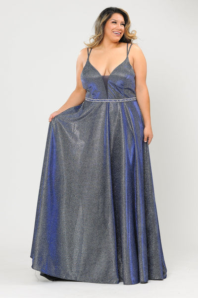 Poly USA W1048 Plus Size Long V-Neck Metallic Glitter Dress