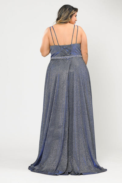Poly USA W1048 Plus Size Long V-Neck Metallic Glitter Dress