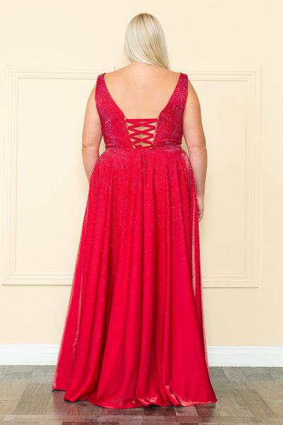 Poly USA W1110 Plus Size Long V-Neck Rhinestone Dress