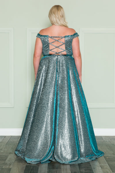 Poly USA W1096 Plus Size Off Shoulder Metallic Glitter Gown